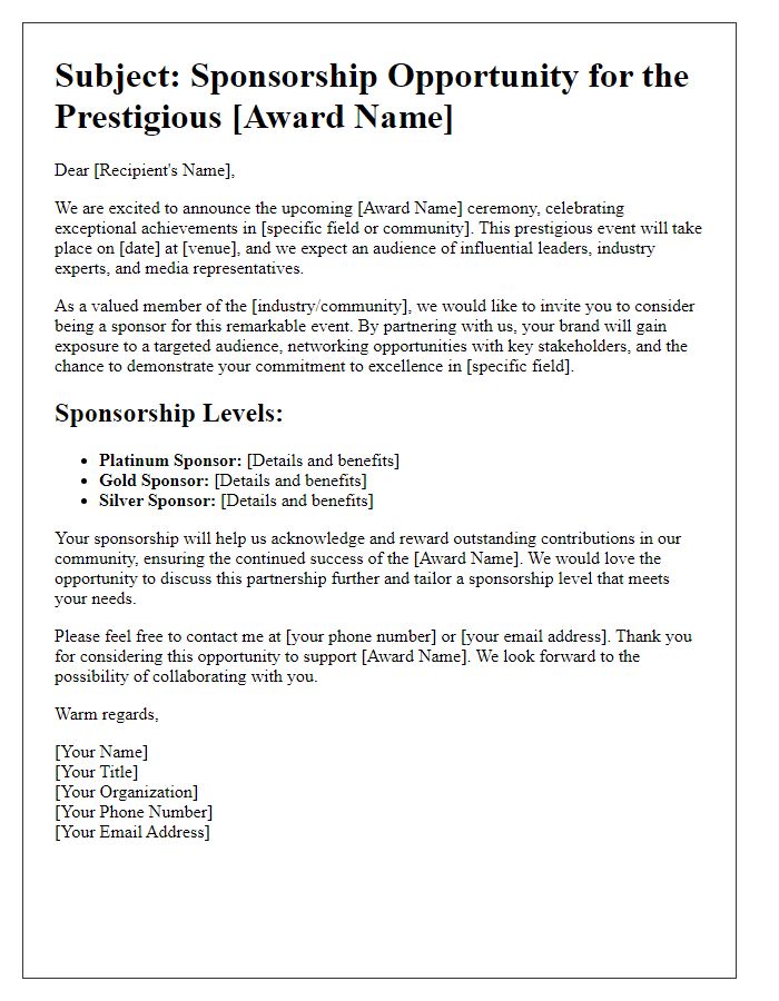 Letter template of sponsorship opportunity for prestigious awards.