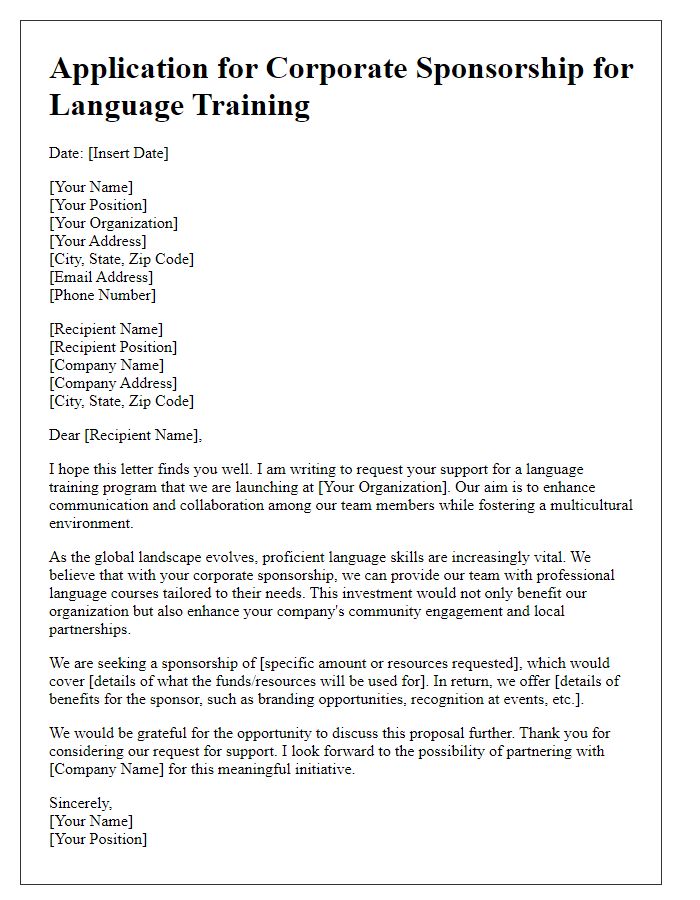 Letter template of application for corporate sponsorship for language training.