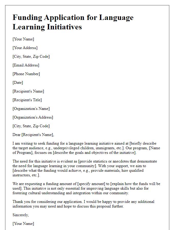 Letter template of funding application for language learning initiatives.