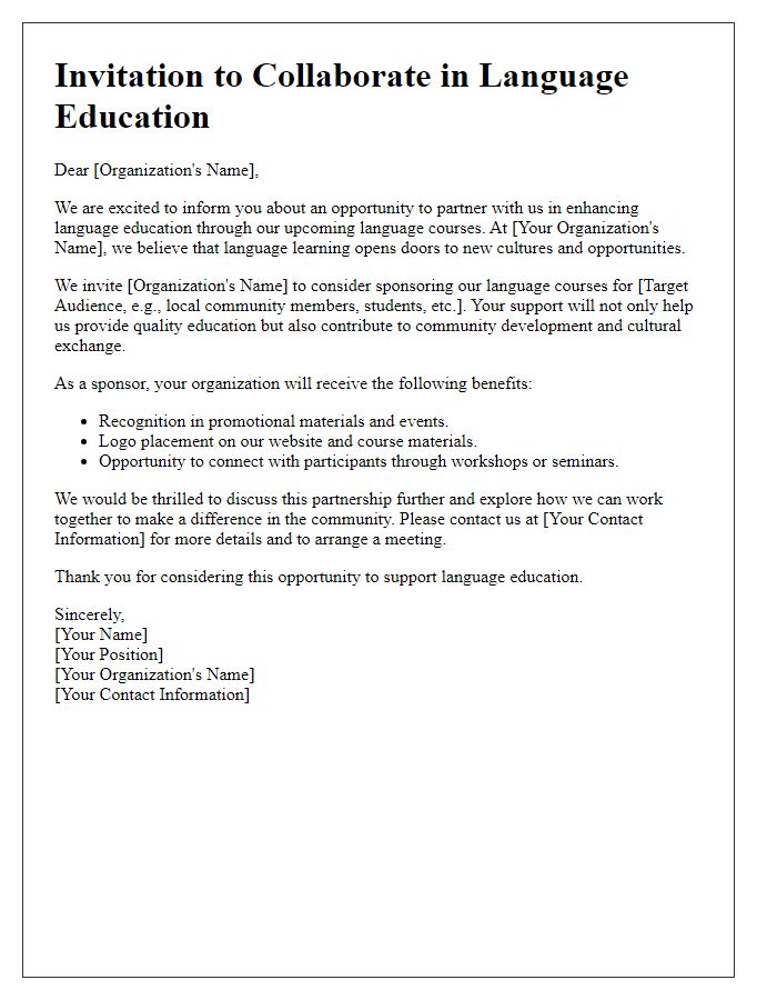 Letter template of invitation for organizations to sponsor language courses.