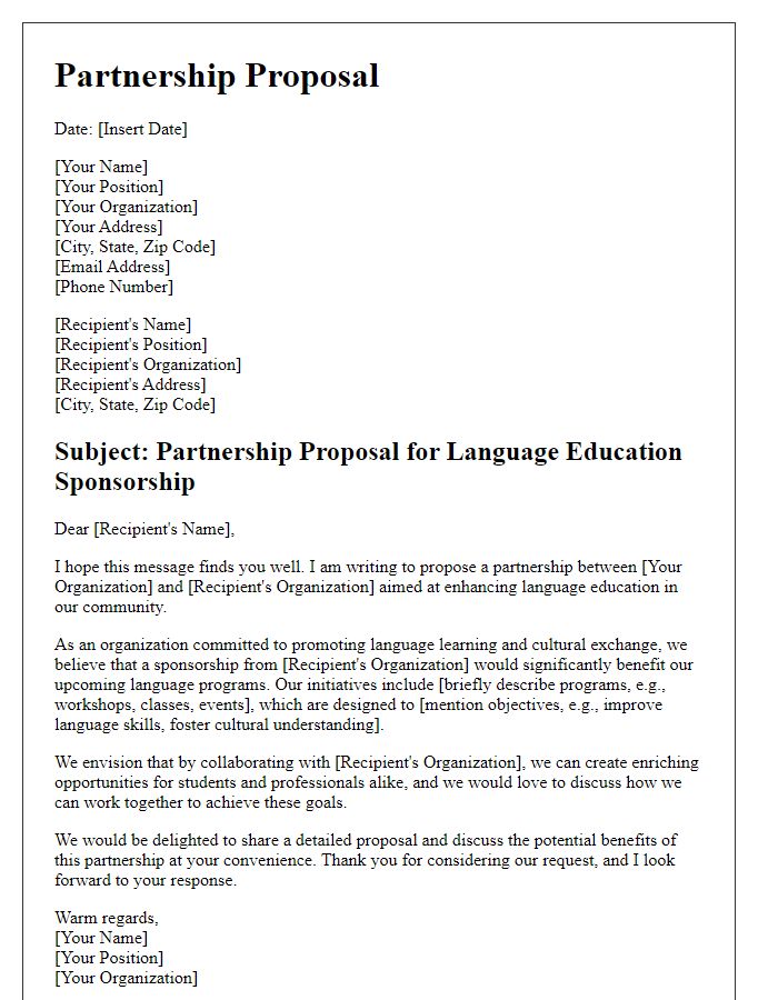 Letter template of partnership proposal for language education sponsorship.