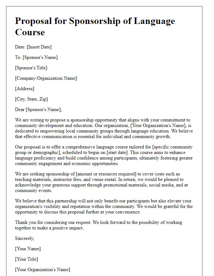 Letter template of proposal for language course sponsorship for community groups.