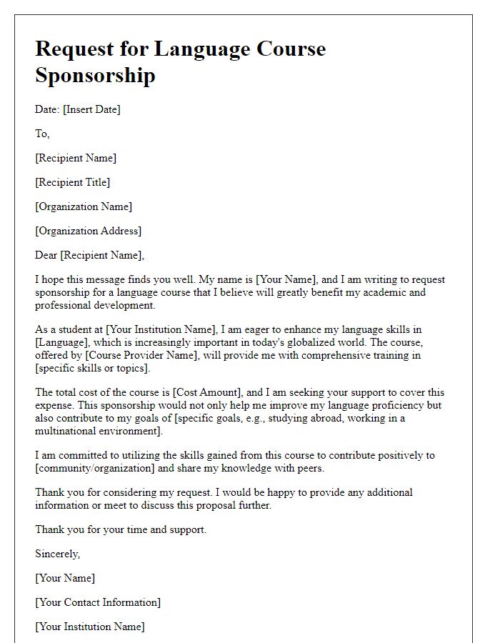 Letter template of request for language course sponsorship for students.