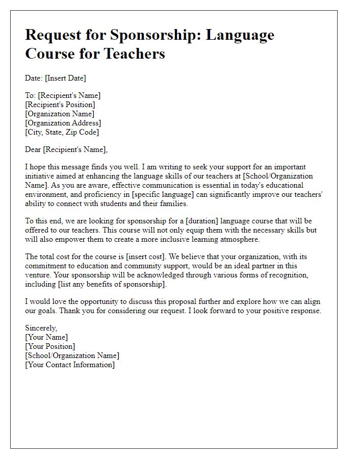 Letter template of support request for language course sponsorship for teachers.