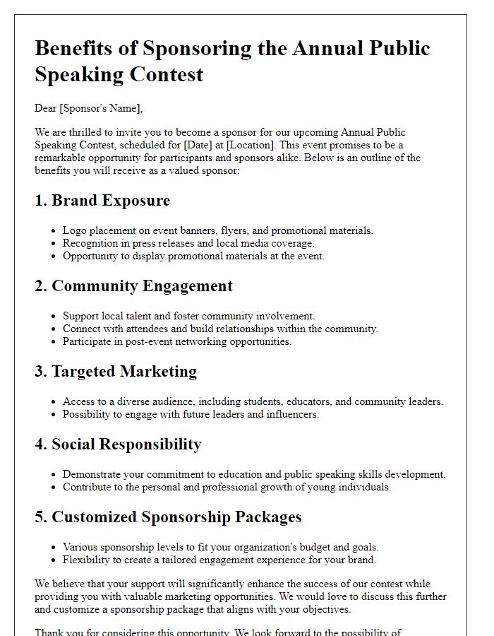 Letter template of benefits outline for public speaking contest sponsors.