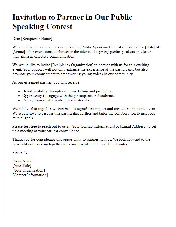 Letter template of partnership invitation for public speaking contest.