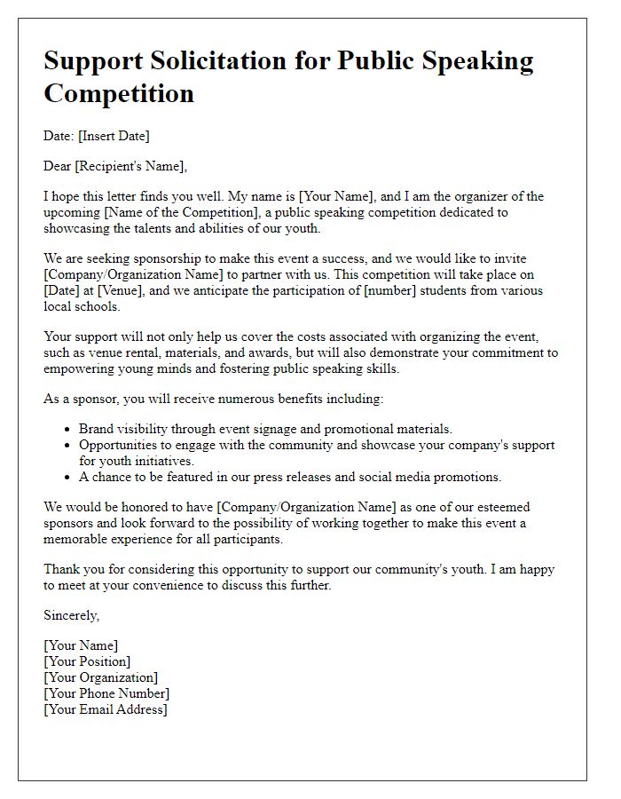 Letter template of support solicitation for public speaking competition sponsorship.