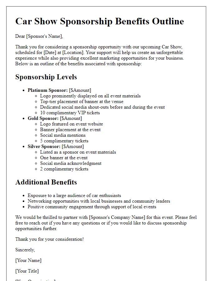 Letter template of benefits outline for car show sponsorship.