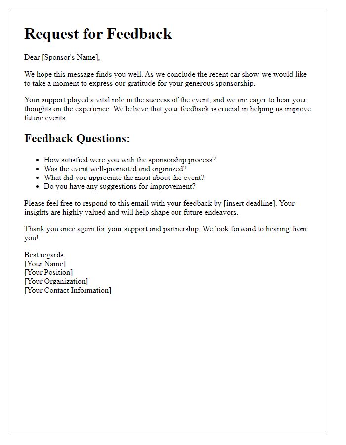 Letter template of feedback request for car show sponsorship experience.