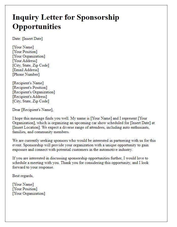 Letter template of inquiry for car show sponsorship opportunities.