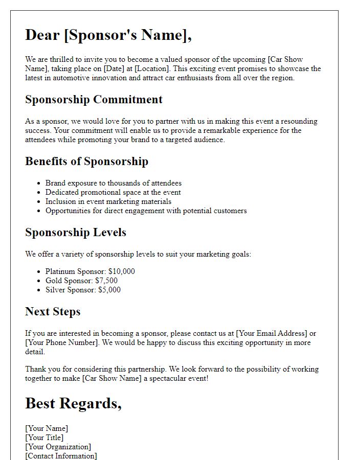 Letter template of promotional commitment for car show sponsors.