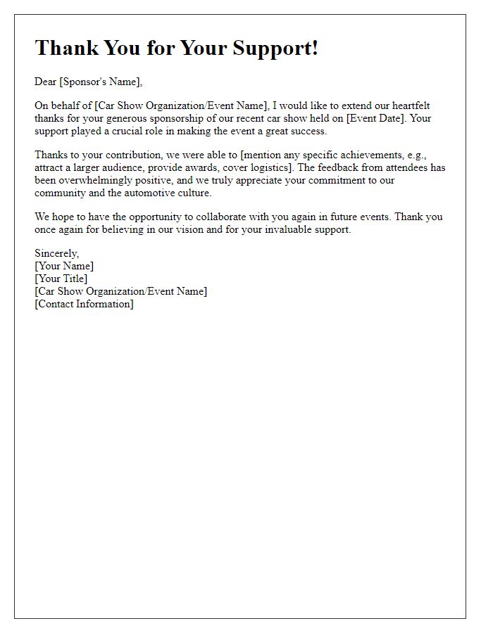 Letter template of thank you for car show sponsorship support.