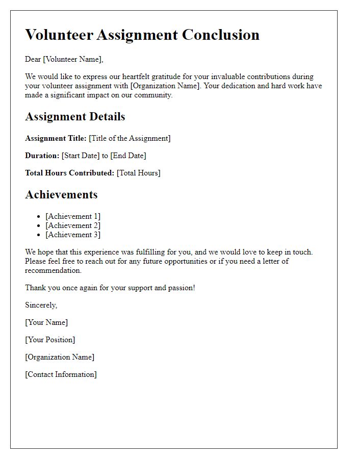 Letter template of concluding volunteer assignment details.