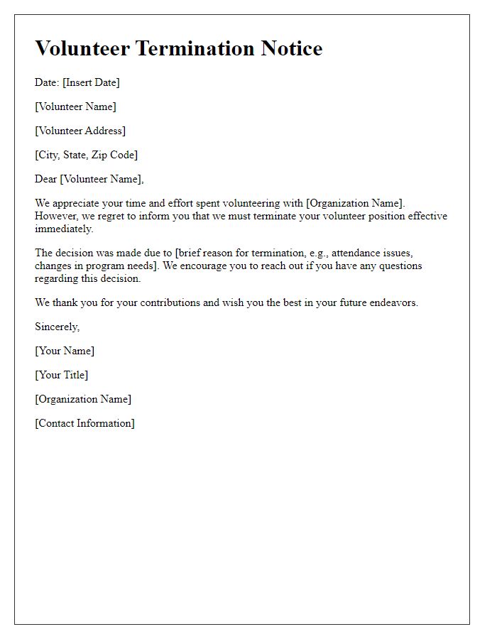 Letter template of volunteer position termination notice.