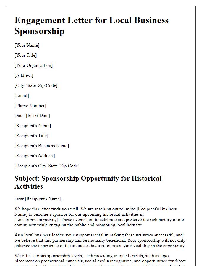 Letter template of engagement for local business sponsorship of historical activities