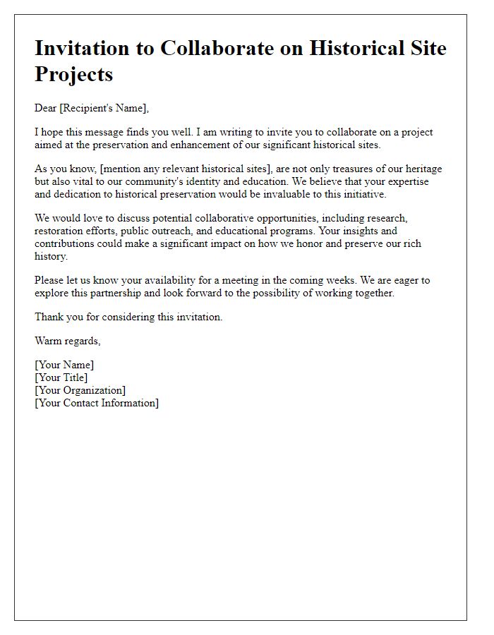 Letter template of invitation to collaborate on historical site projects