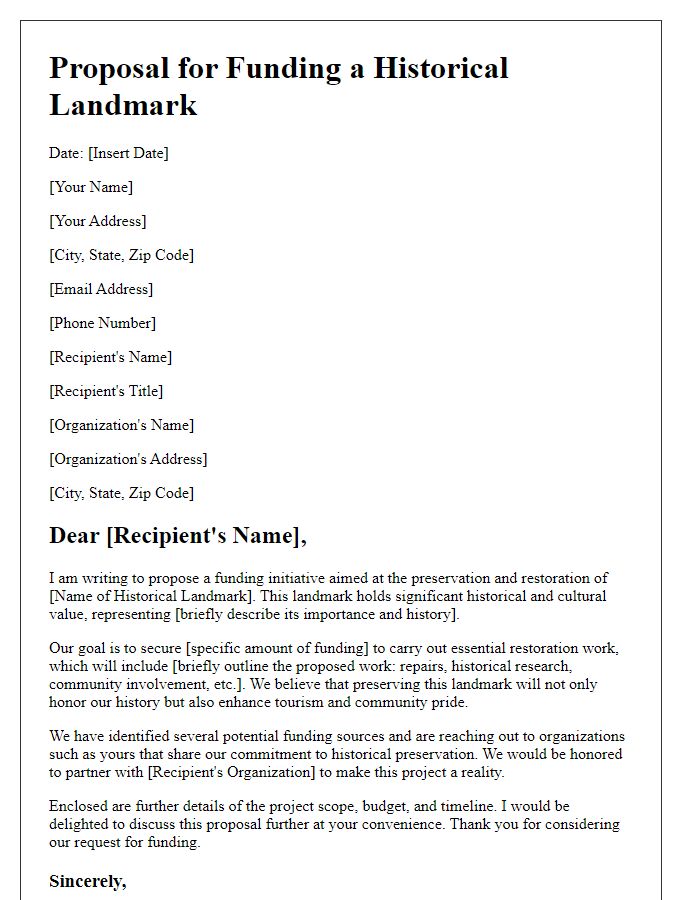 Letter template of proposal for funding a historical landmark