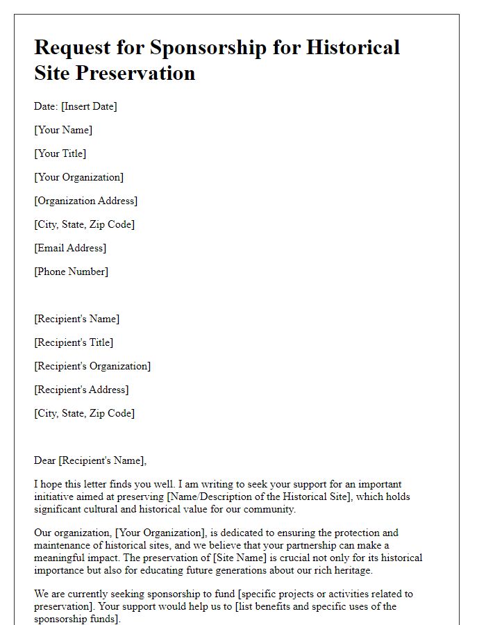 Letter template of request for sponsorship for historical site preservation