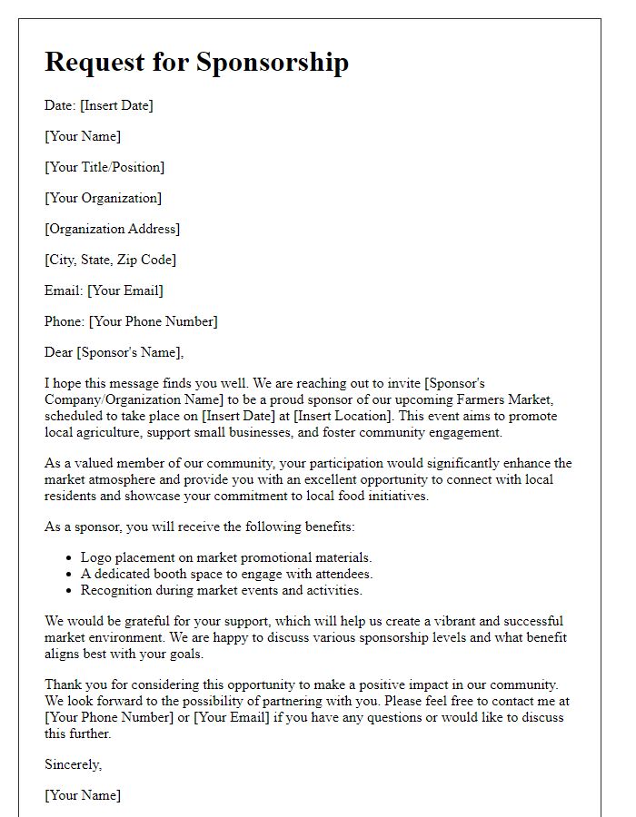 Letter template of community engagement request for farmers market sponsorship