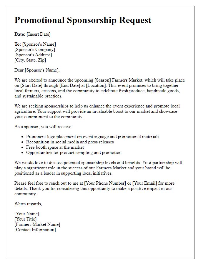 Letter template of promotional sponsorship for seasonal farmers market