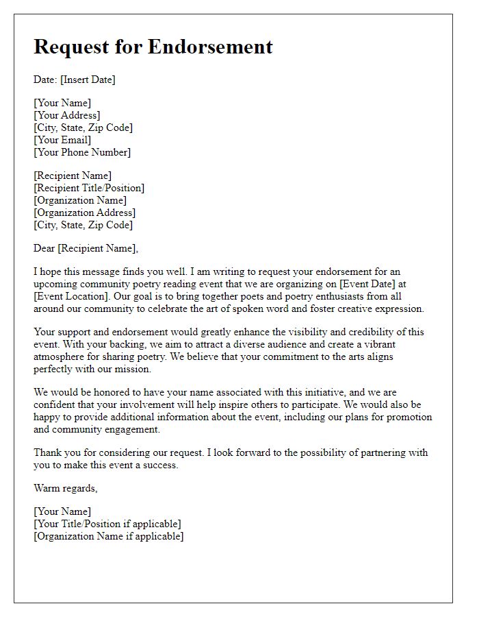 Letter template of endorsement request for community poetry reading