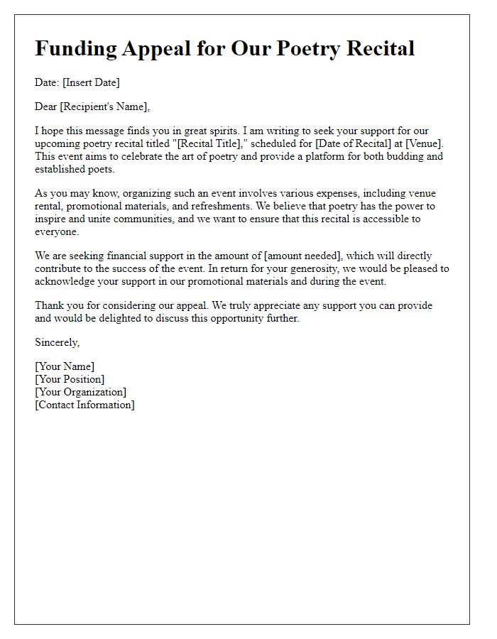 Letter template of funding appeal for poetry recital