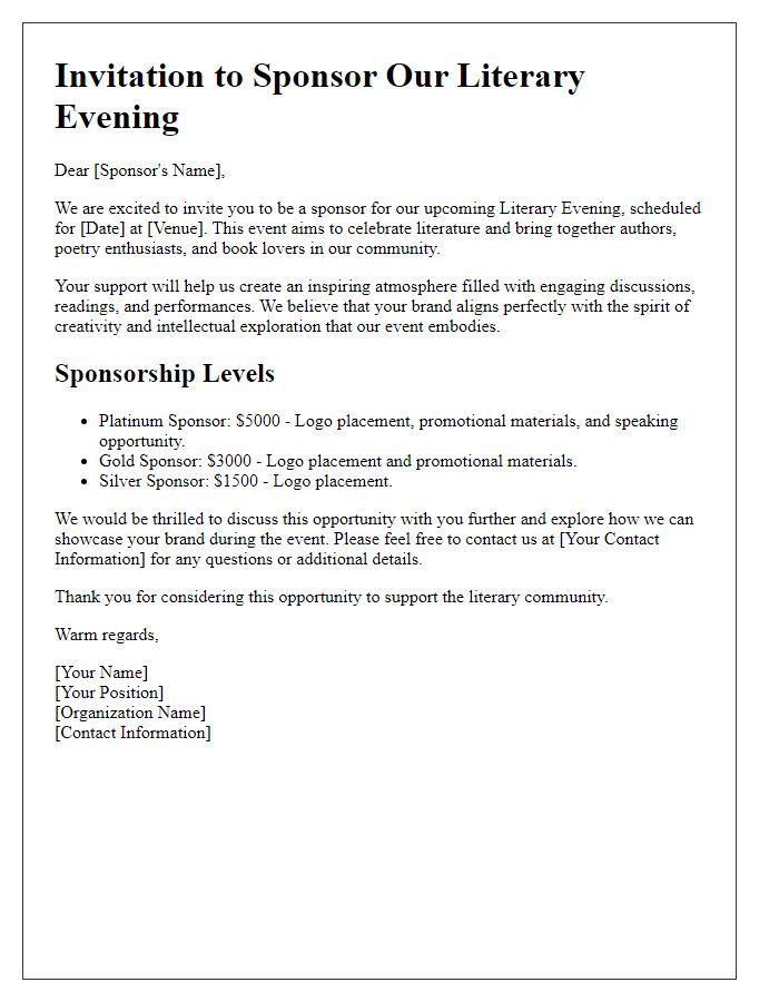 Letter template of sponsorship invitation for literary evening