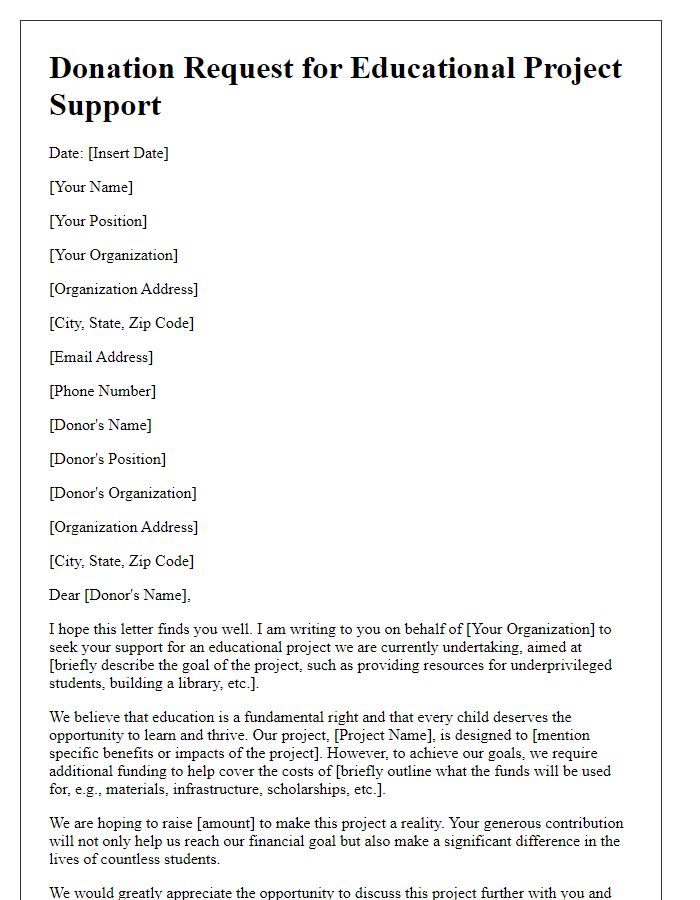 Letter template of donation request for educational project support