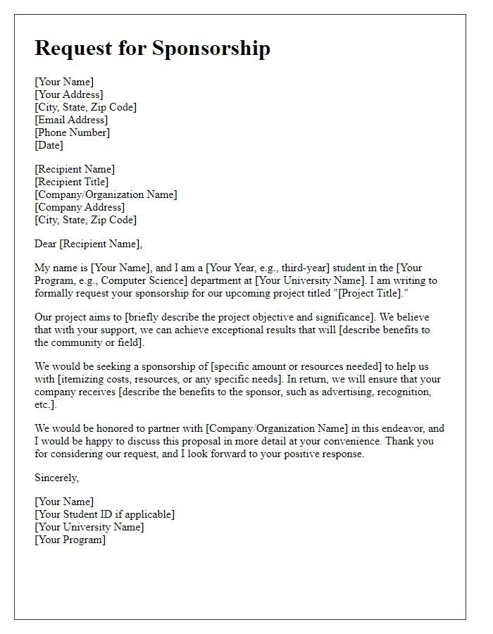 Letter template of formal request for university project sponsorship