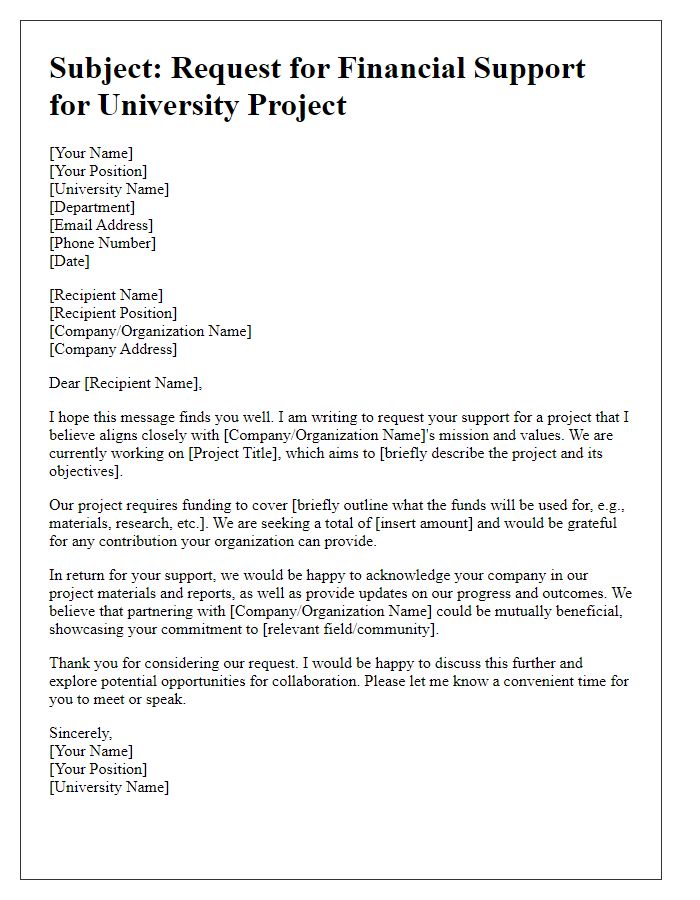 Letter template of outreach for university project financial support