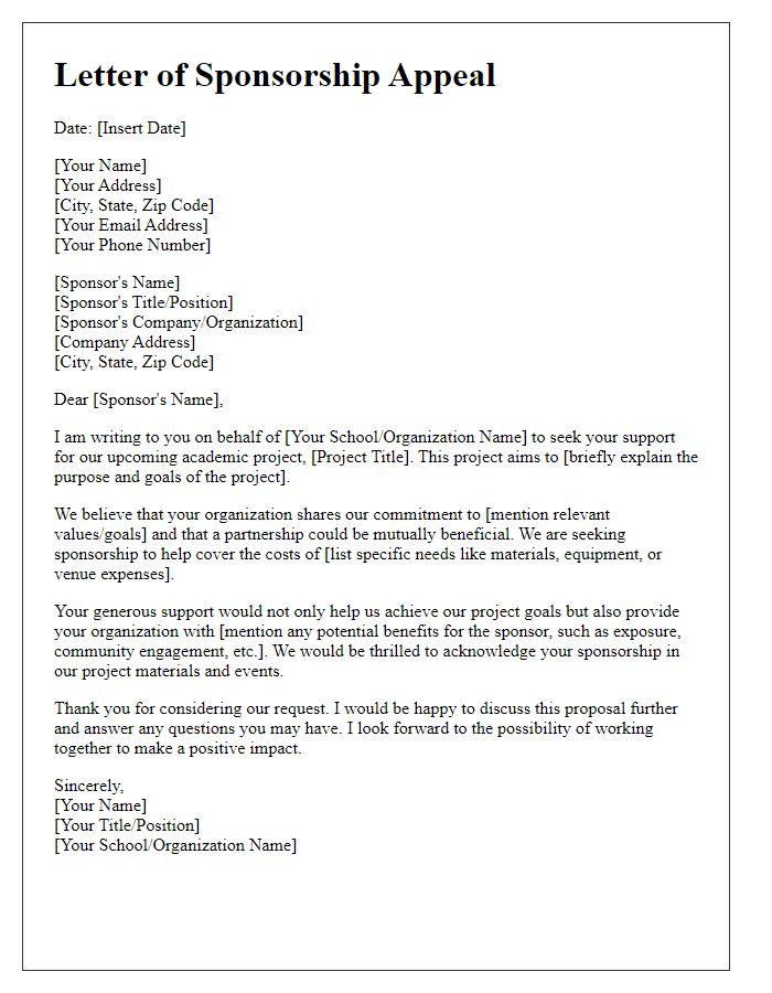 Letter template of sponsorship appeal for academic project