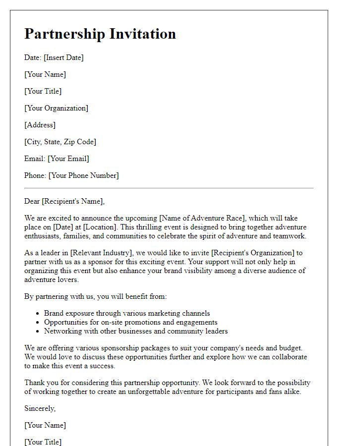 Letter template of partnership invitation for adventure race sponsorship