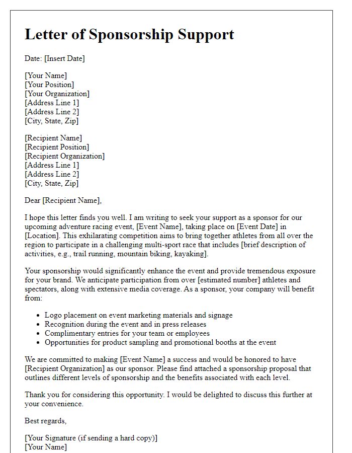 Letter template of sponsorship support for adventure racing event