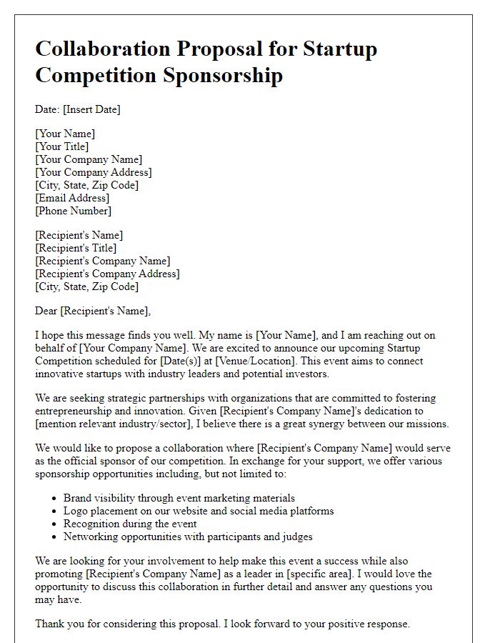 Letter template of collaboration proposal for startup competition sponsorship.