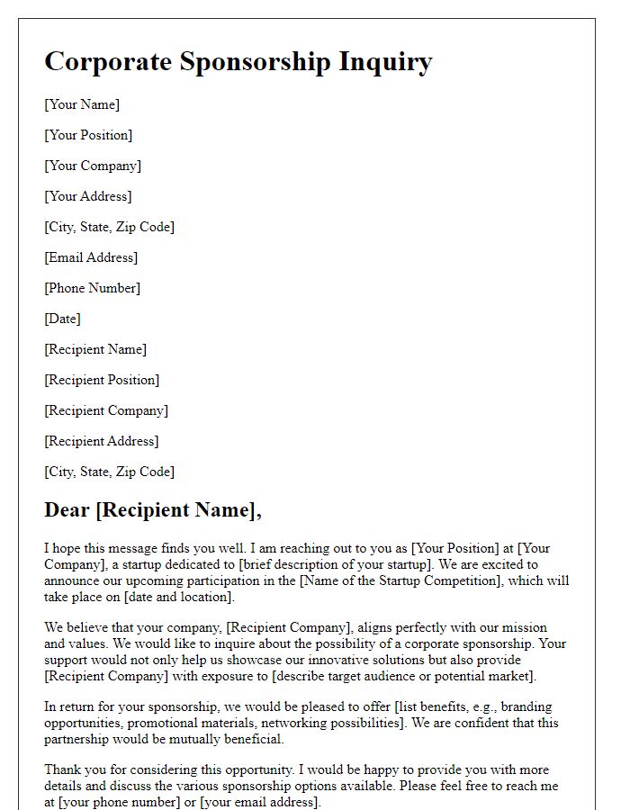 Letter template of corporate sponsorship inquiry for startup competitions.