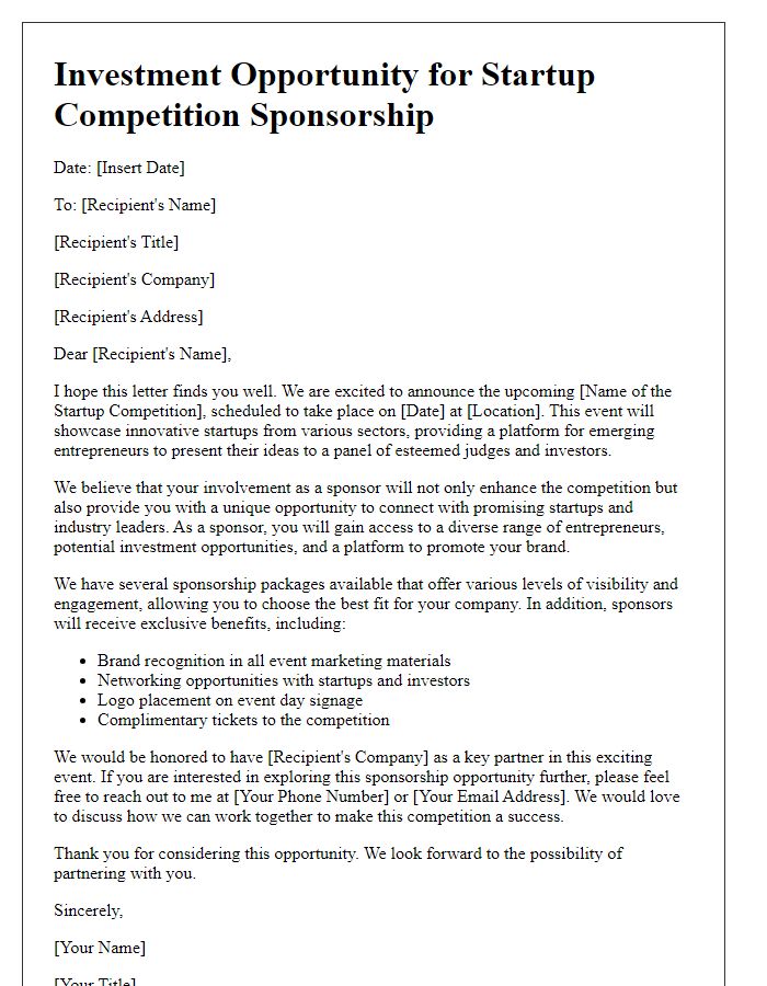 Letter template of investment opportunity for startup competition sponsorship.