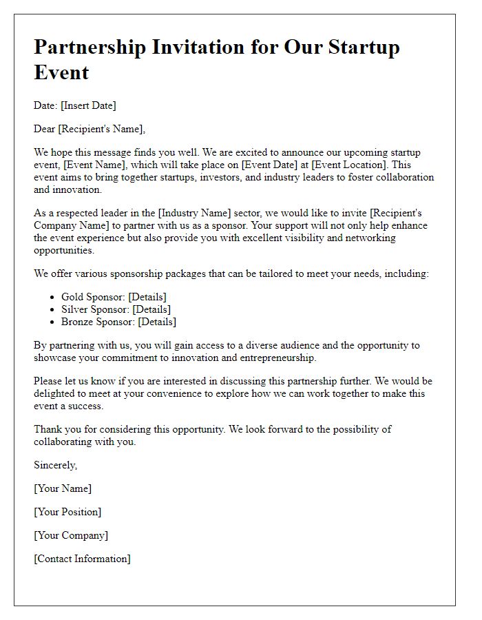 Letter template of partnership invitation for startup event sponsorship.