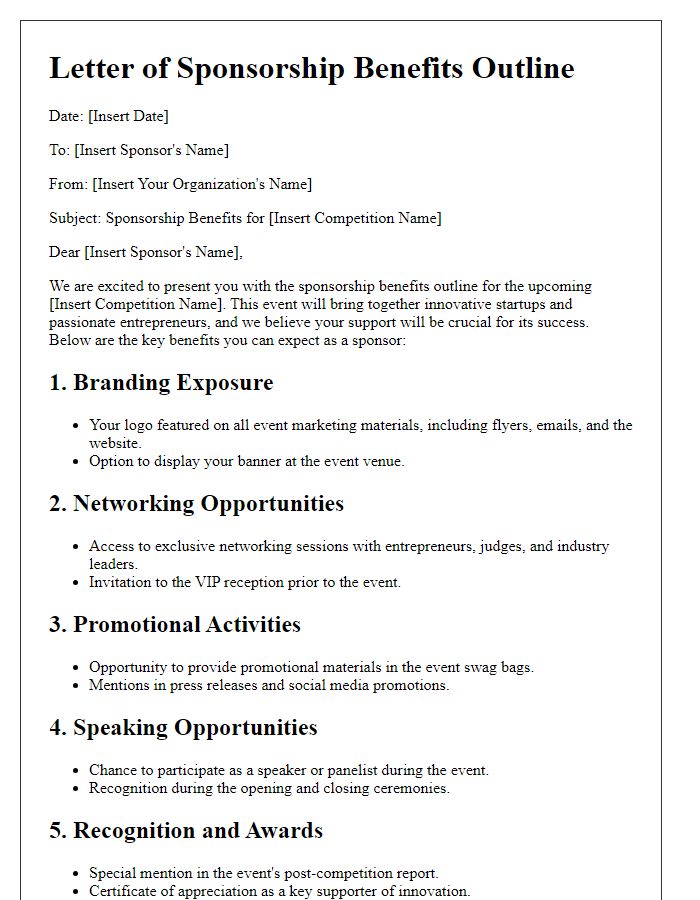 Letter template of sponsorship benefits outline for startup competition.