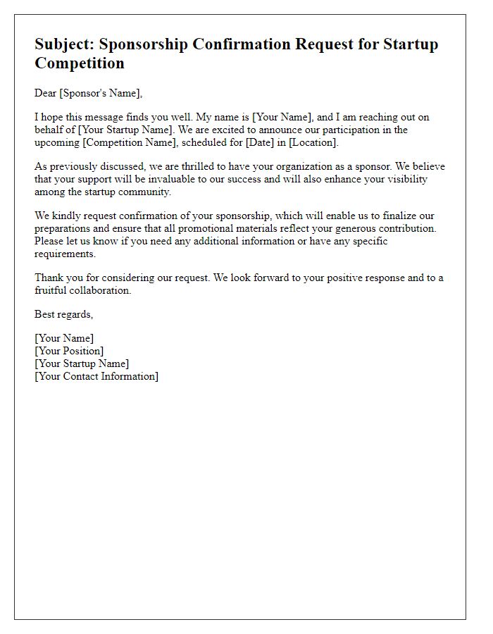 Letter template of sponsorship confirmation request for startup competitions.