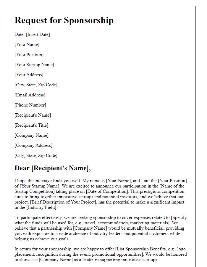 Letter template of sponsorship request for startup competition participation.