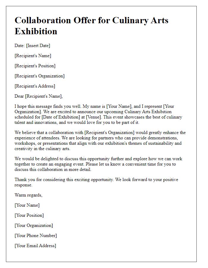 Letter template of collaboration offer for a culinary arts exhibition.