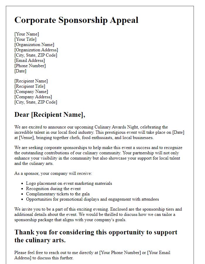 Letter template of corporate sponsorship appeal for a culinary awards night.