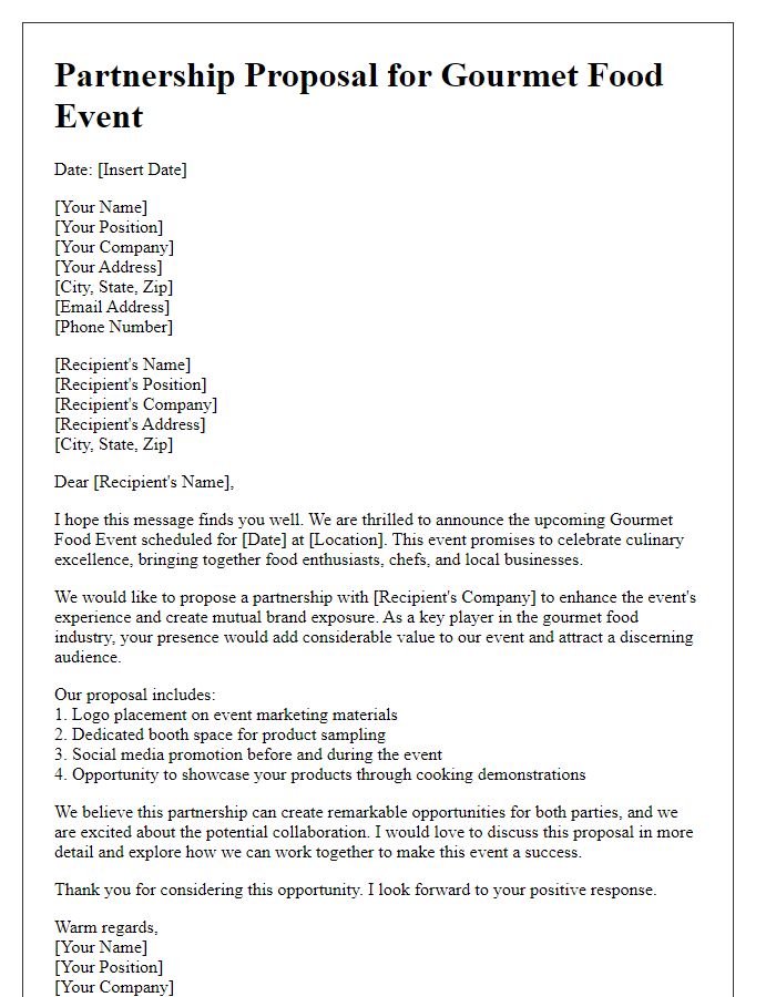 Letter template of partnership proposal for a gourmet food event.