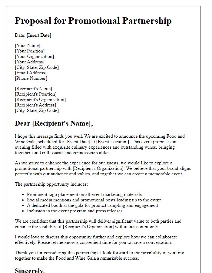 Letter template of promotional partnership for a food and wine gala.