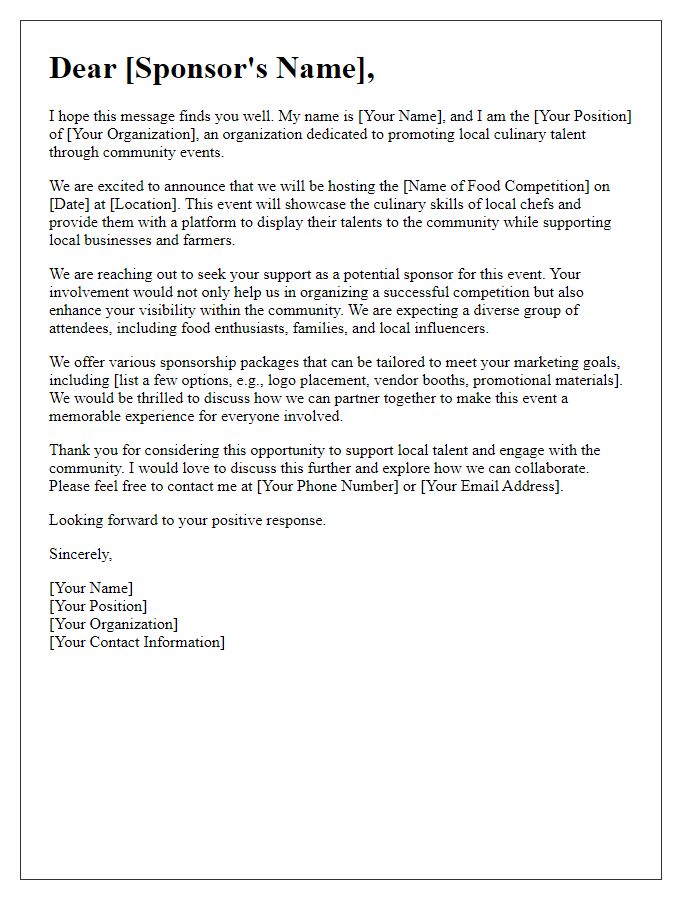 Letter template of sponsorship inquiry for a local food competition.