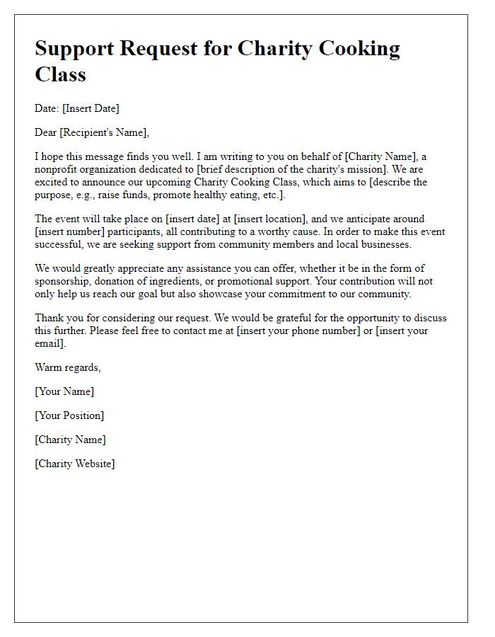 Letter template of support request for a charity cooking class.