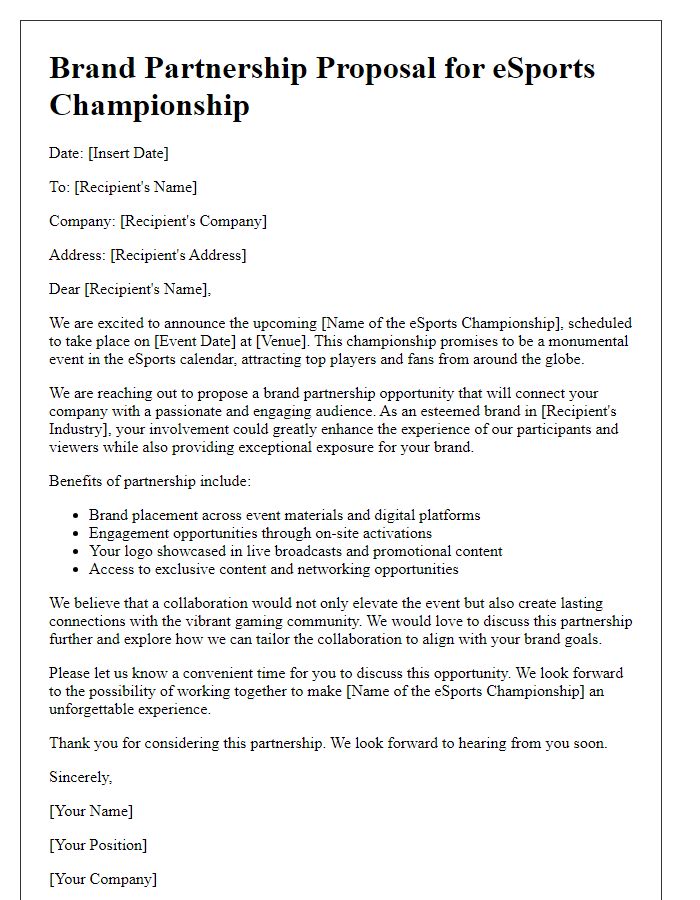 Letter template of brand partnership for eSports championship