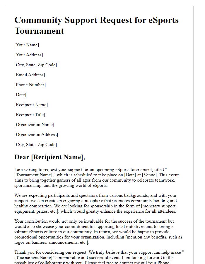 Letter template of community support request for eSports tournament