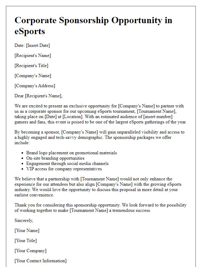 Letter template of corporate sponsorship opportunity for eSports