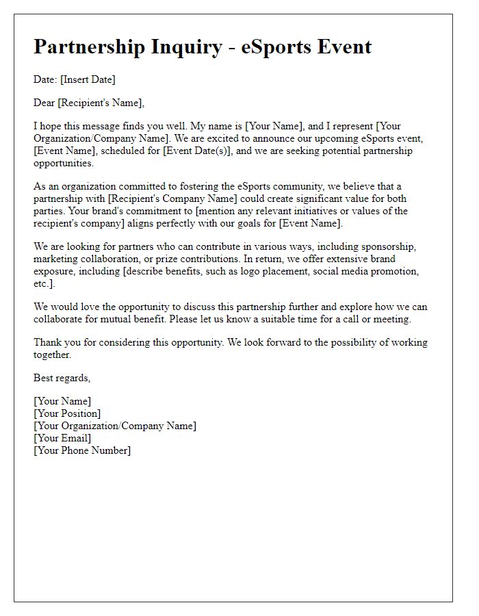 Letter template of eSports event partnership inquiry